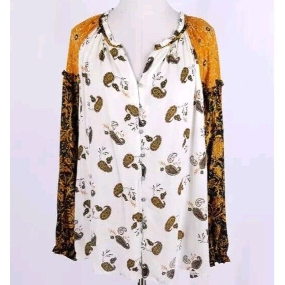Boho Paisley Button-Front Blouse in White and Mustard